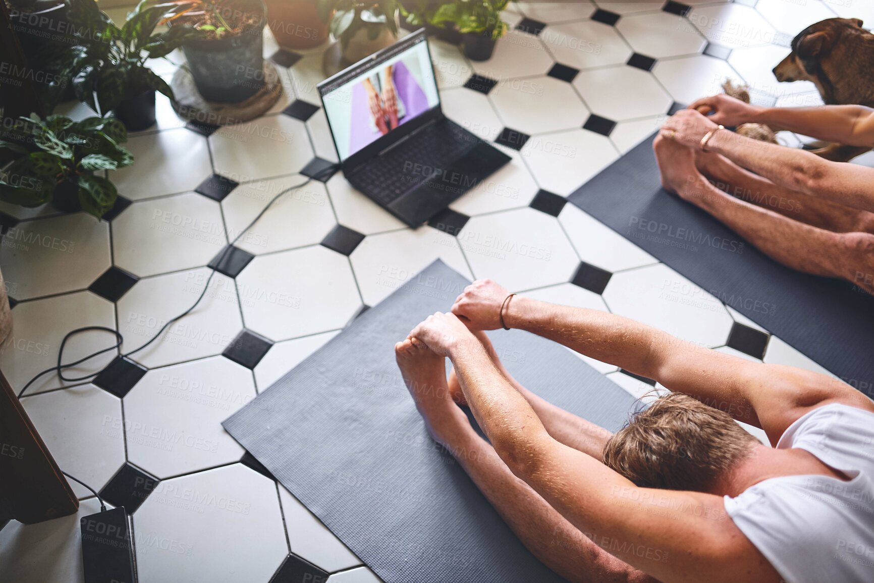 Buy stock photo Men, fitness and stretching with laptop screen for yoga, online streaming or tutorial on floor at home. Male people, friends and pilates with warm up or computer for healthy guide or exercise on mat