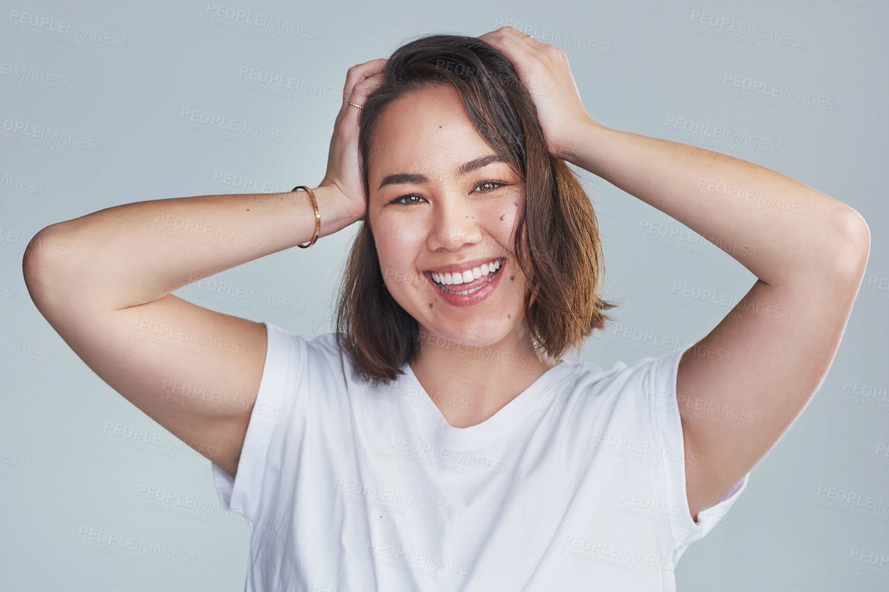 Buy stock photo Laughing, portrait and happy woman with tattoo in studio for natural beauty, cosmetics and facial results. Confident, skincare and girl with smile for dermatology, glow and shine on white background