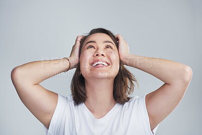 Buy stock photo Looking up, surprise and woman excited by sale, retail offer or discount deal thinking isolated in studio. Wow, shock or happy girl with mockup space, news or menu promotion on gray background