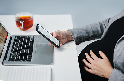 Buy stock photo Phone, pregnancy and hands of businesswoman in office reading email for update communication. Tech, networking and pregnant female employee with cellphone for connectivity or contact in workplace.