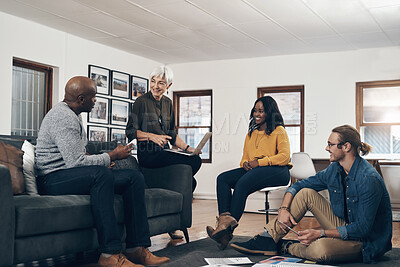 Buy stock photo Meeting, laptop and business people in office for teamwork, project development or planning. Discussion, diversity and staff with paperwork for collaboration, conversation or review at travel agency