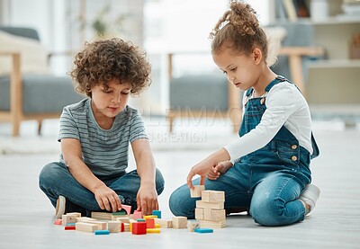 Buy stock photo Building blocks, learning and children on living room floor for school, creative and geometric solution. Playroom, education and Montessori puzzle with kids in family home for youth and toys