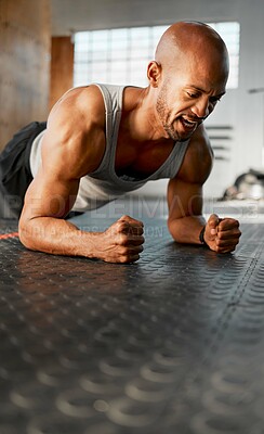 Buy stock photo Man, fitness or plank with floor at gym for core exercise, abdominal workout or strength. Active, muscular or male person with intense training or routine for strong abs or muscle gain at health club