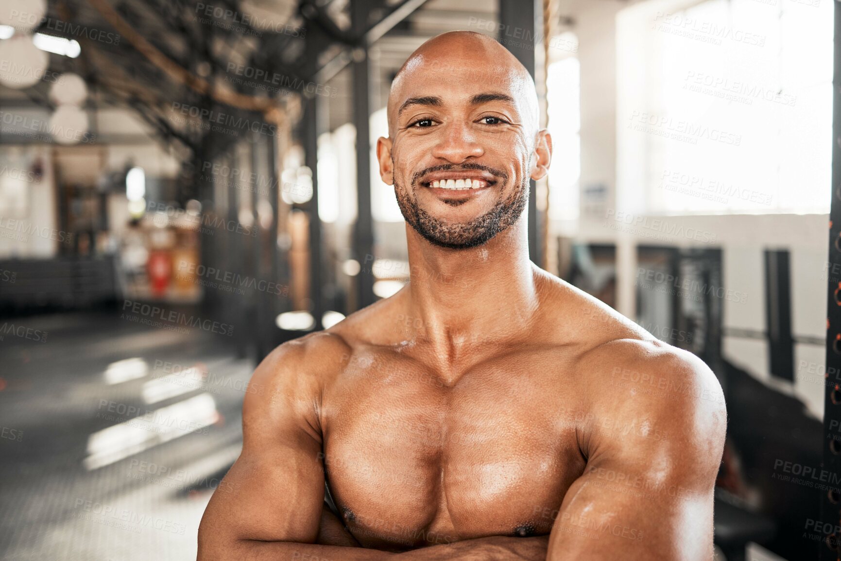 Buy stock photo Portrait, shirtless and happy man with arms crossed for fitness, body health and workout for wellness in gym. Face, muscle and confident bodybuilder, strong athlete and personal trainer in Mexico