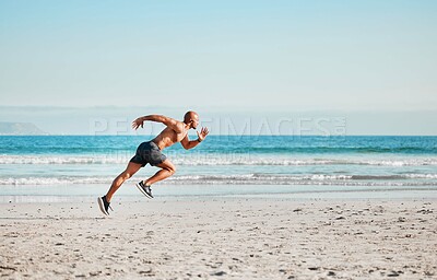 Buy stock photo Blue sky, profile and running with man on beach for cardio, exercise or fitness routine in summer. Sand, sports and training with shirtless African athlete or runner on coast for speed or workout