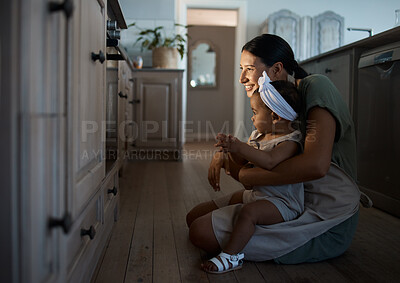 Buy stock photo Waiting, mom or child baking with oven, smile or food for bonding or lesson in family home. Parent, night or mom teaching child cooking skills for development, learning patience or breakfast meal