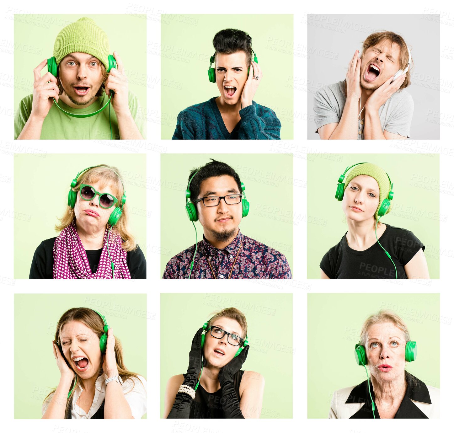 Buy stock photo Collage, music and funny with headphones and people with quirky fashion and radio in studio. Listening, earphones and podcast with song review of montage with hipster, fun and cool style with frame