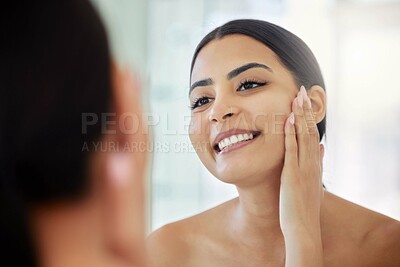 Buy stock photo Mirror, skincare and smile with face of woman in bathroom of home for morning beauty routine. Cleaning, hygiene and grooming with reflection of happy person in apartment for facial dermatology