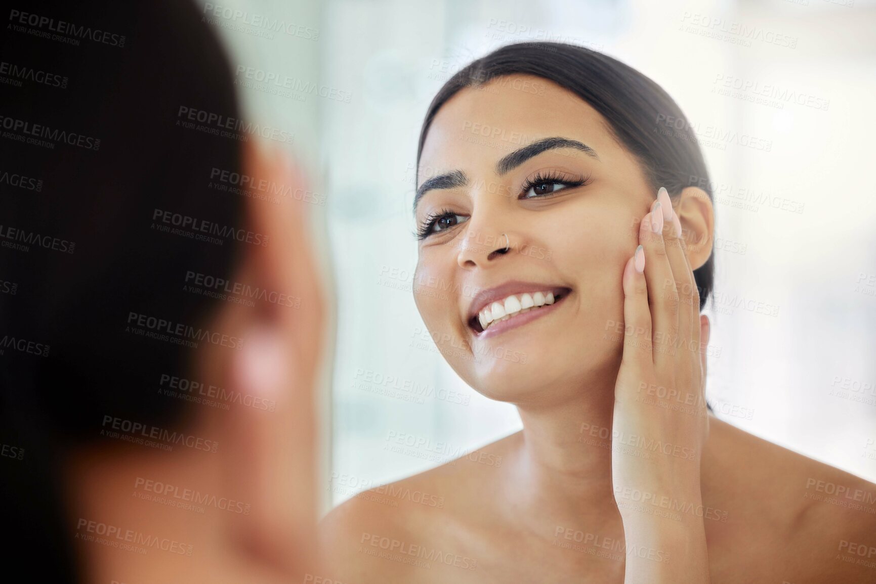 Buy stock photo Mirror, skincare and smile with face of woman in bathroom of home for morning beauty routine. Cleaning, hygiene and grooming with reflection of happy person in apartment for facial dermatology