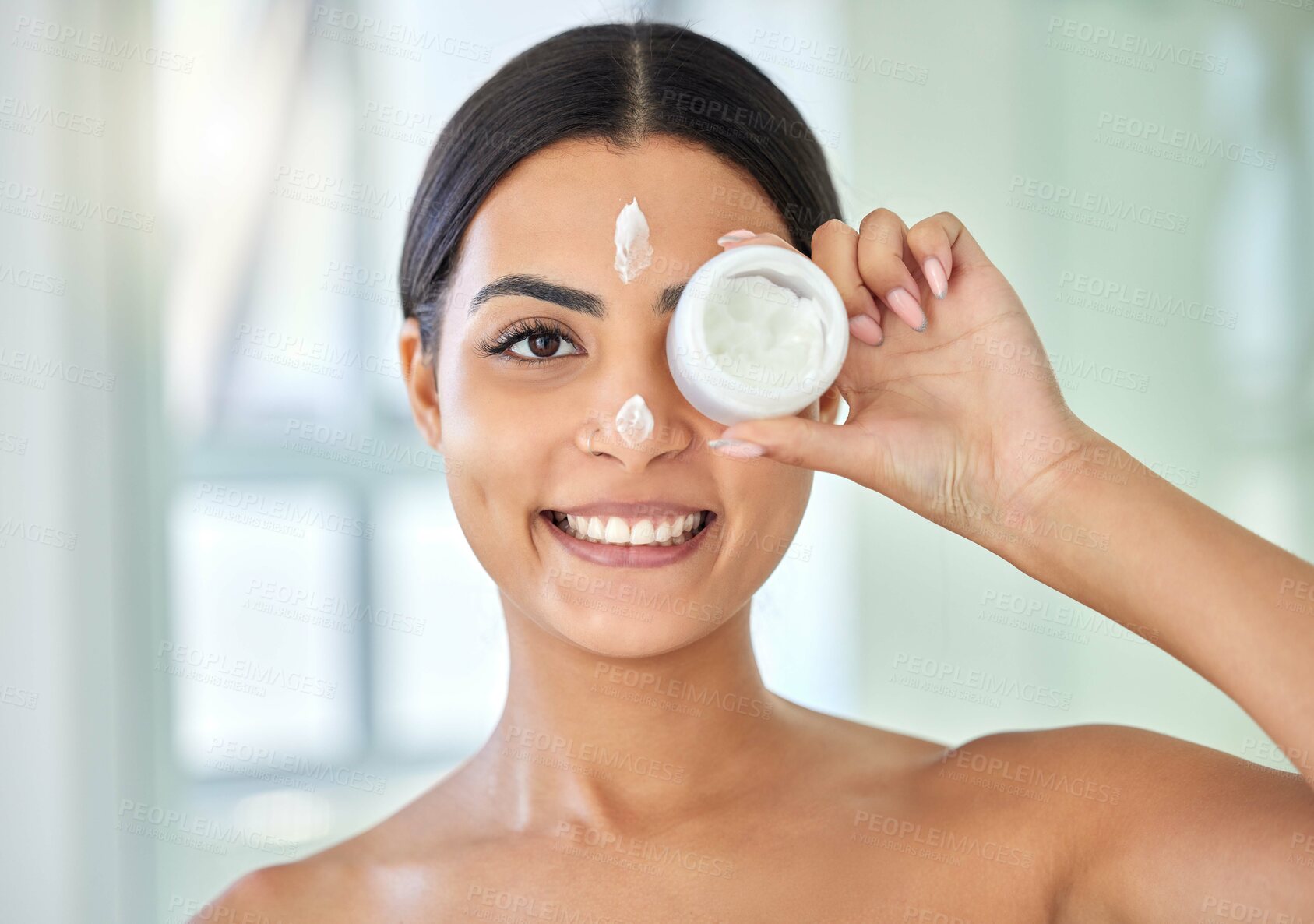 Buy stock photo Woman, home and cream jar for skincare, antiaging and beauty at bathroom and happy. Female person, smile and portrait with lotion at apartment for moisturizer for glow, fresh skin and dark circle