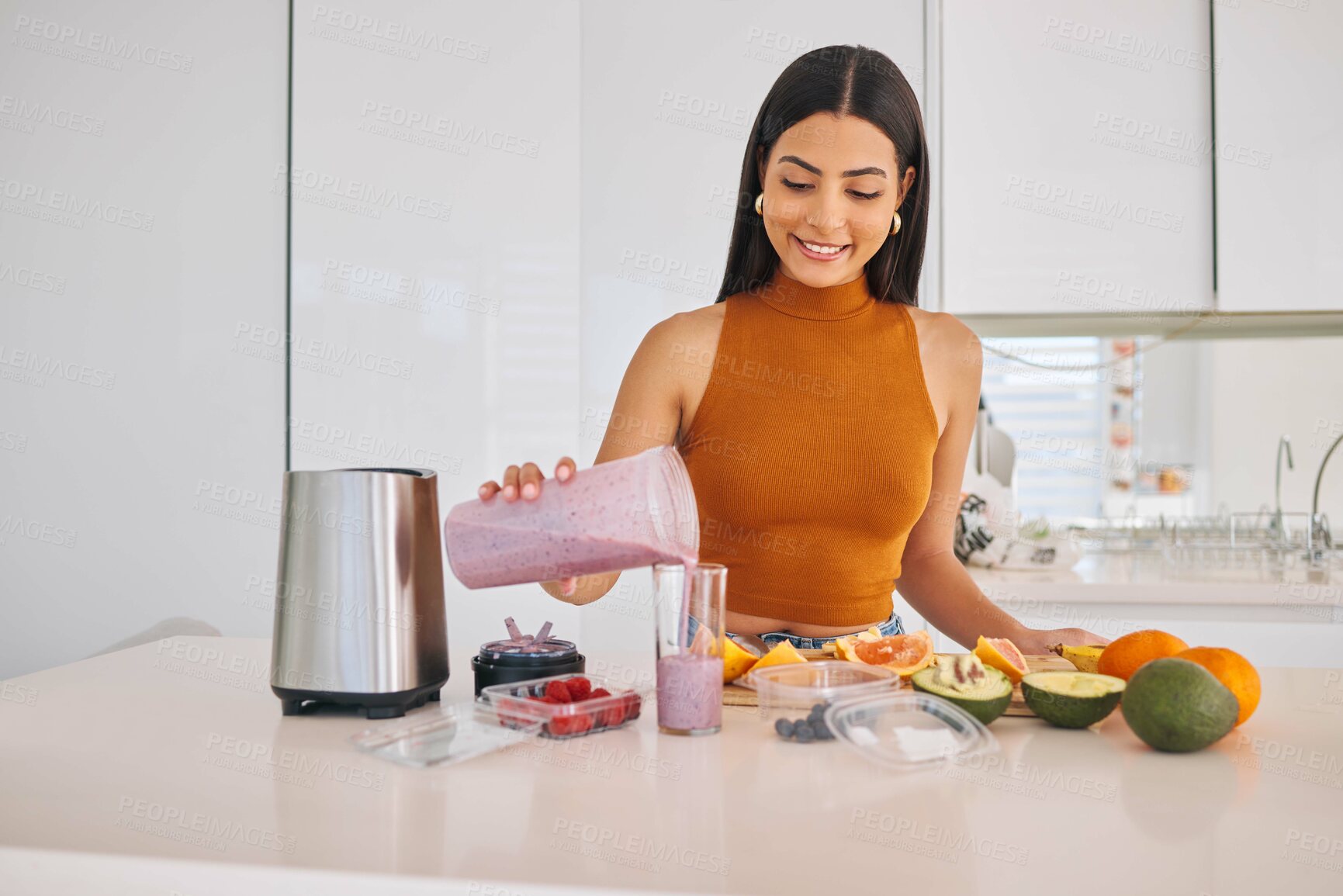 Buy stock photo Woman, blender and smoothie glass in home, cooking and fruit for mineral liquid in kitchen. Female person, vitamin shake and electronic equipment for nutrition, breakfast cocktail and detox diet