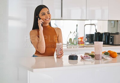 Buy stock photo Health, phone call and smoothie with woman in kitchen for nutritionist, contact and detox. Protein shake, wellness and communication with person and blender at home for fruits, energy and vegan diet