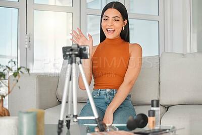 Buy stock photo Live streaming, hello and happy woman with phone in home for broadcast, content creation and talking. Influencer, wave and recording video for greeting fans, audience and welcome to makeup tutorial