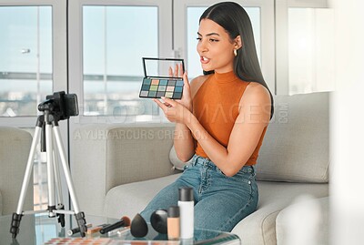 Buy stock photo Live streaming, makeup palette and woman with phone in home for broadcast, content creation or talk. Beauty Influencer, cosmetics and recording video for product promotion, eyeshadow tutorial or tips