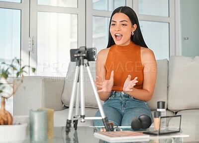 Buy stock photo Live streaming, talking and woman with phone on social media for content creation or filming in home. Influencer, beauty cosmetics and recording video for makeup tutorial, skincare tips and teaching