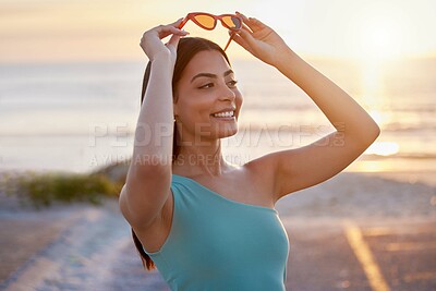 Buy stock photo Woman, beach and happy from holiday, sunset and summer break with travel and relax outdoor. Nature, smile and sea with trip by ocean on vacation in Miami with weekend, thinking and seaside harmony