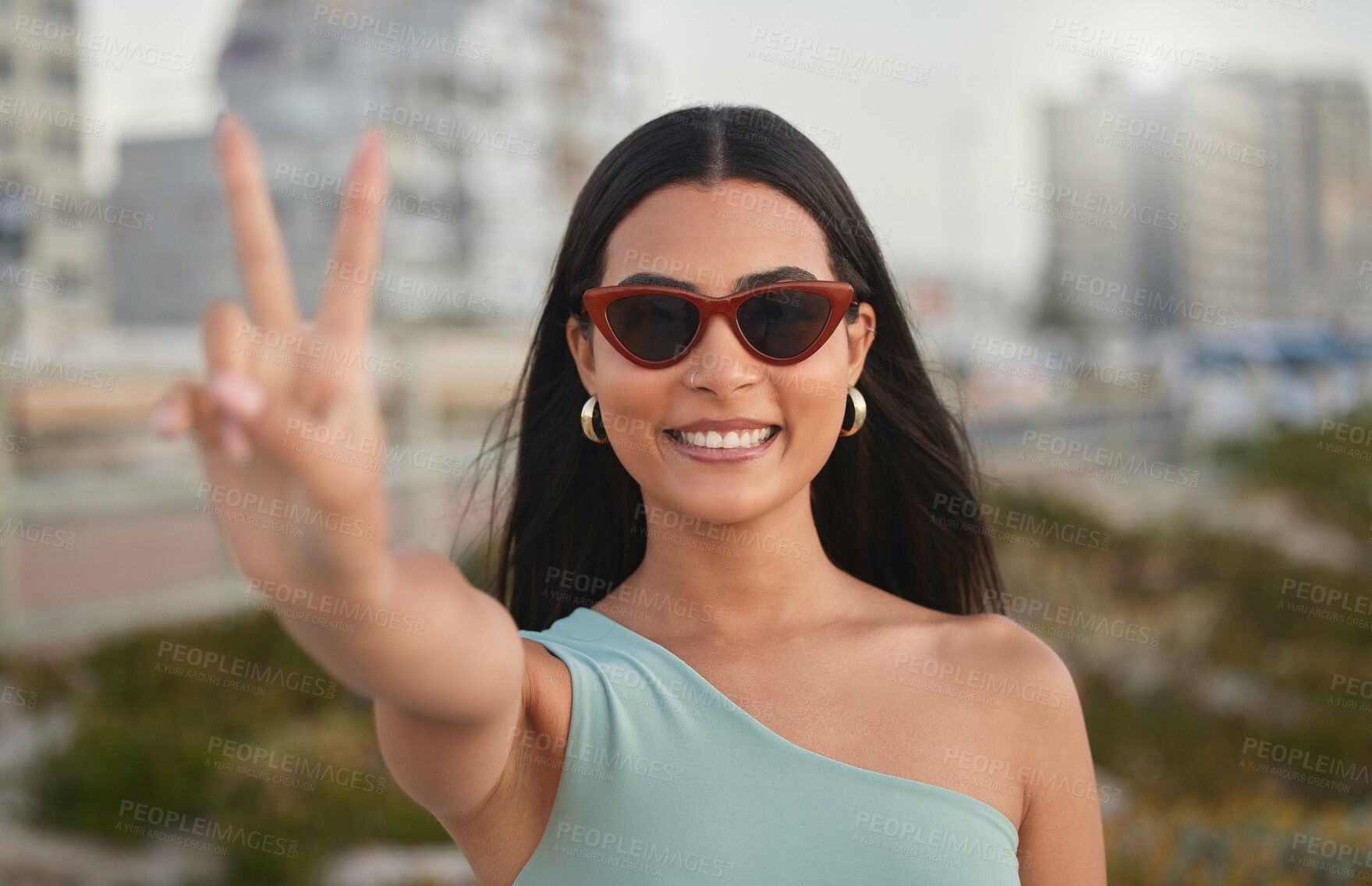 Buy stock photo Portrait, peace sign and woman with sunglasses, outdoor and travel with review for Bali, smile and adventure. Face, person or girl with shades, hand gesture and v sign with symbol, holiday or support