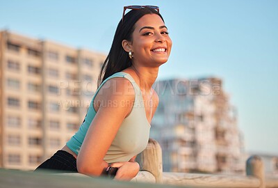 Buy stock photo Smile, summer and travel with portrait of woman in city for relax, vacation and sunset in Miami. Happiness, calm and adventure with person in outdoor promenade for holiday, tourism and peace trip