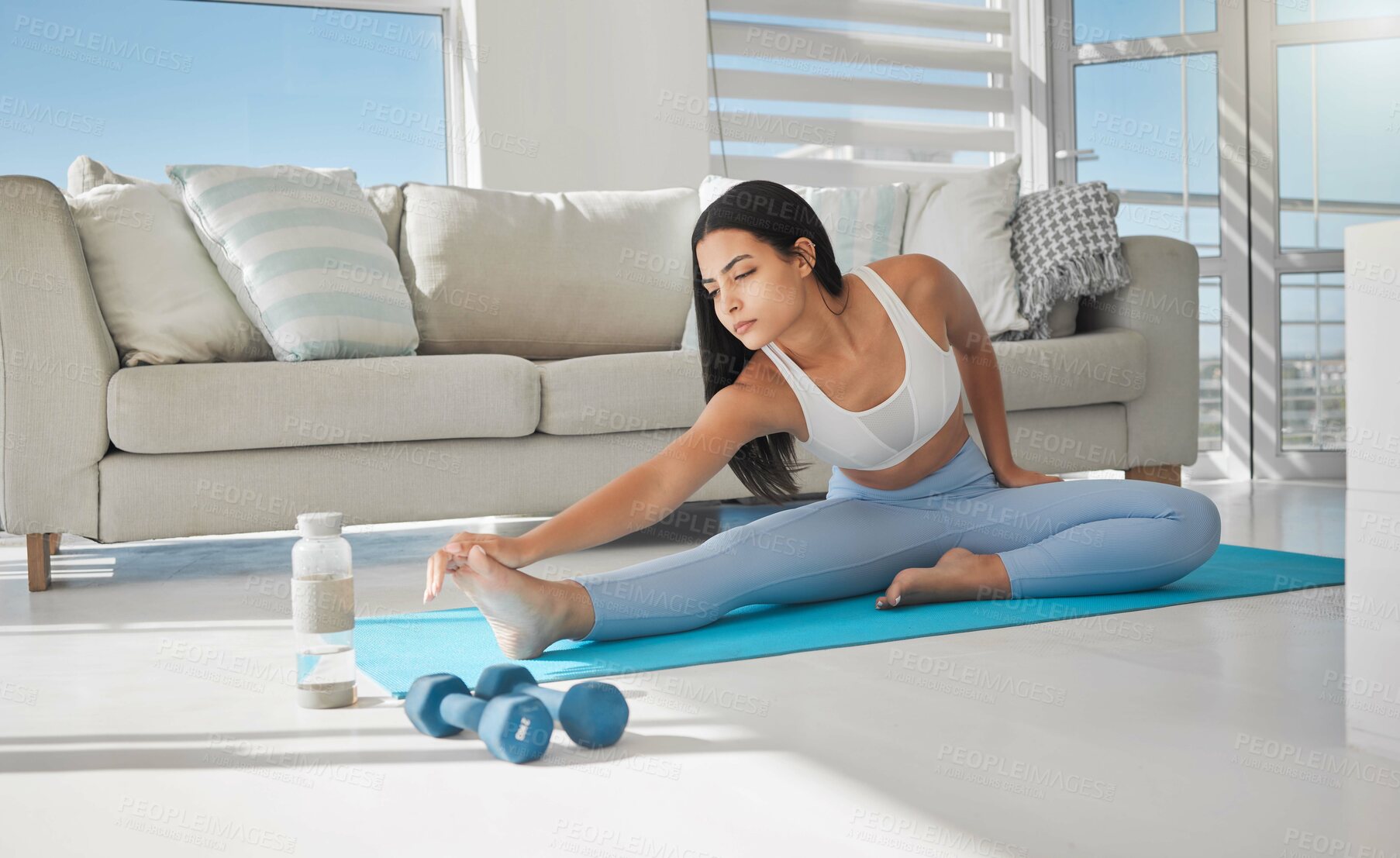 Buy stock photo Home, stretching and woman with fitness, wellness and exercise for flexibility, pilates and water bottle. Healthy person, apartment and girl with yoga mat, workout routine or breathing in living room