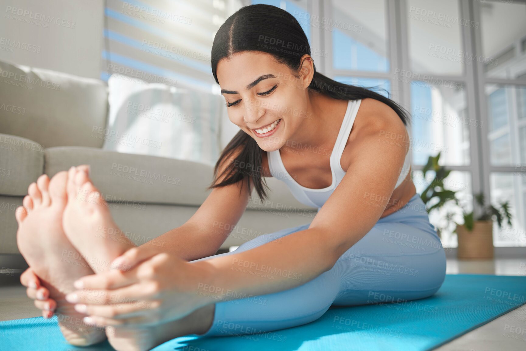 Buy stock photo House, stretching and woman with smile, wellness and exercise for flexibility, balance and breathing. Healthy person, apartment or happy girl with yoga mat, workout routine and pilates in living room