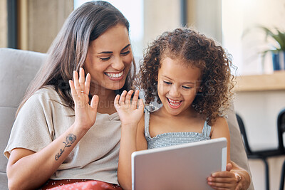 Buy stock photo Woman, child and wave with tablet in home for virtual chat, greeting and communication to family. Happy, mother and daughter with gesture by tech on sofa for conversation on video call platform