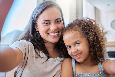 Buy stock photo Smile, selfie and mom on sofa with child for morning bonding, memory and relax in family home. Love, mother and daughter on couch with digital photography, care and happy face in living room together