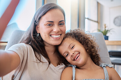 Buy stock photo Happy, selfie and mom on sofa with child for morning bonding, memory and relax in family home. Love, mother and daughter on couch with digital photography, care and smile in living room together