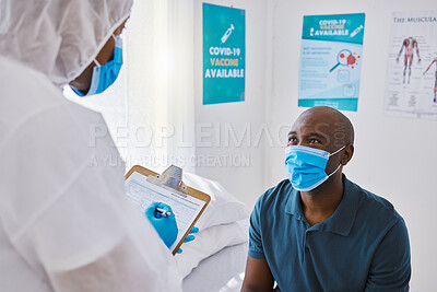 Buy stock photo Consulting, doctor and patient with pandemic, clipboard and test results with feedback, healthcare and safety. Regulations, policy and medical with professional writing or man with mask or face cover