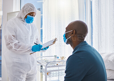 Buy stock photo Writing, doctor and patient with mask, clipboard and test results with feedback, mask and safety. Regulations, policy and medical with professional, checkup or man with consultation or face cover