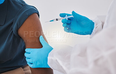 Buy stock photo Vaccine, person and hands of doctor with injection for health, wellness or consultation in clinic. Healthcare, patient or expert in hospital for immune system strength, illness prevention or flu shot