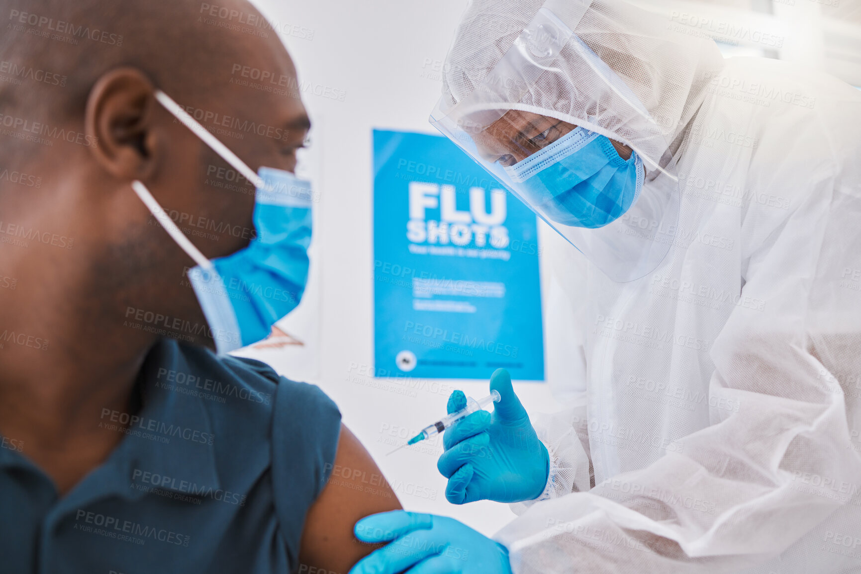 Buy stock photo Flu shot, person and doctor with injection for health, wellness and consultation in clinic. Healthcare, patient or expert in hospital for immune system strength, illness prevention or pandemic safety