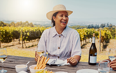 Buy stock photo Woman, happy and wine tasting with food at vineyard for holiday, social gathering and relax with laughing. Person, smile and drinking alcohol for vacation adventure and fun experience in countryside