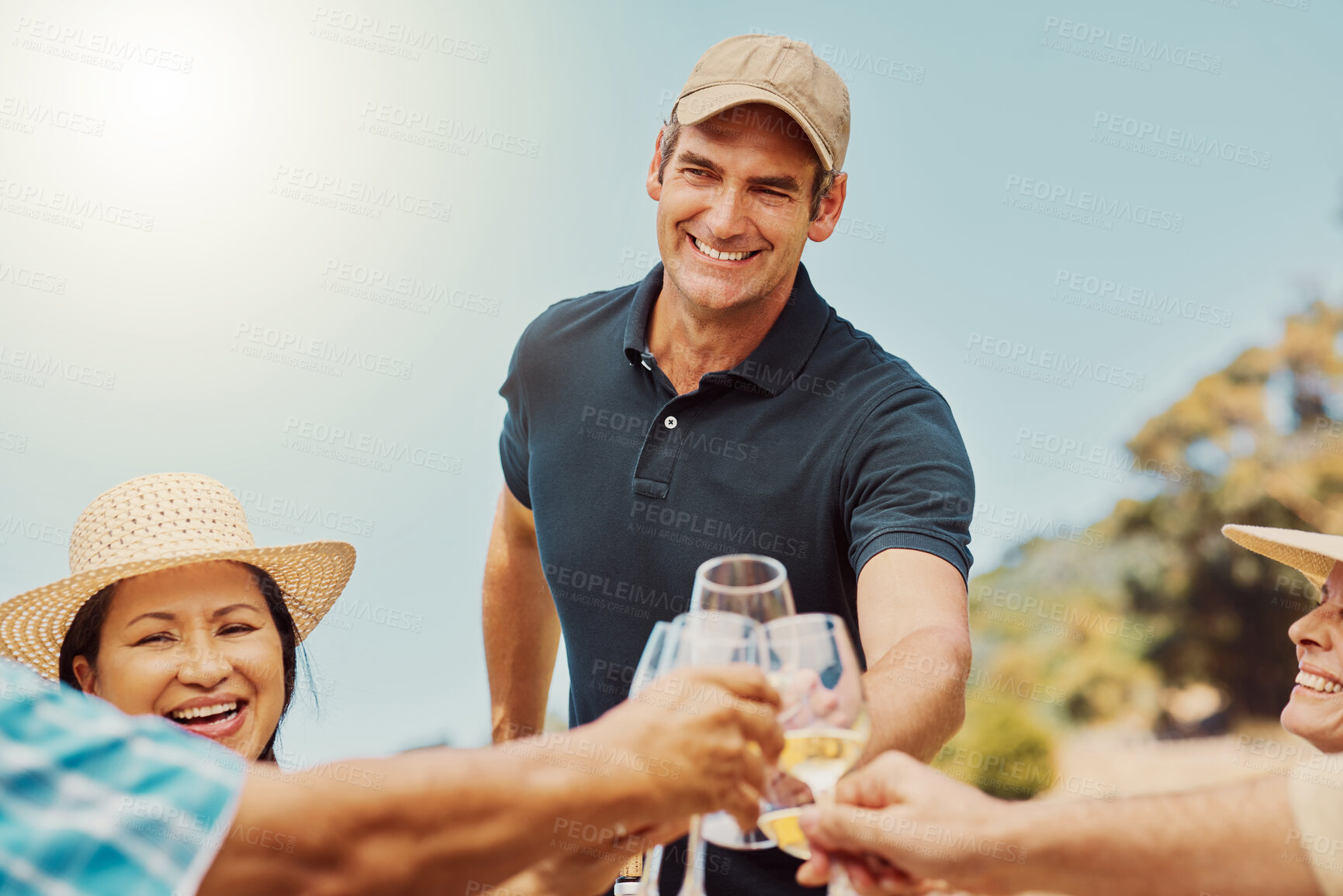 Buy stock photo Happy, vineyard and friends with wine glass for toast on tasting, drinks and bonding in farm. Outdoor, people and smile with alcohol for cheers on celebration, party and holiday to relax with love
