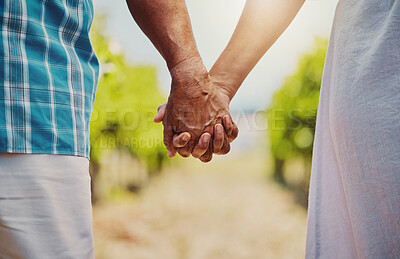 Buy stock photo Holding hands, closeup and outdoor as married couple for support, love or affection in vineyard. Mature people, zoom and garden in bonding together, romantic date or getaway for anniversary in nature