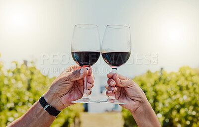 Buy stock photo Wine tasting, glass and hands for toast with vineyard, farmer and outdoor for celebration. Alcoholic beverage, agriculture people cheers and luxury drinks with countryside, social event and winery