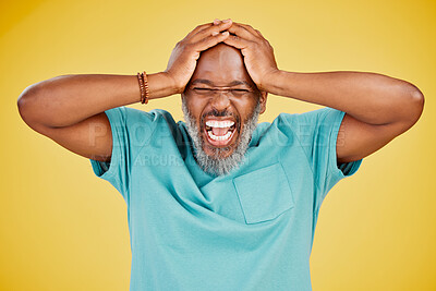 Buy stock photo Black man, studio and hands on head for surprise with fashion, outfit and style on yellow background. Mature person, isolated and excited or happy for announcement, winning and good news with shock