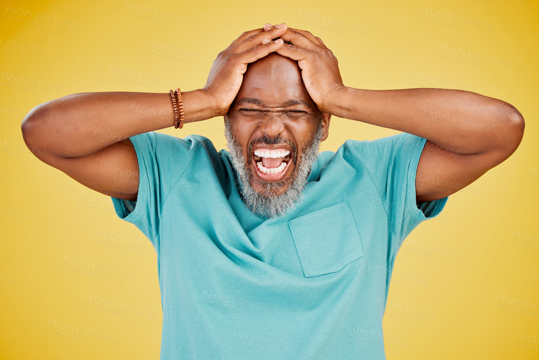 Buy stock photo Black man, studio and hands on head for surprise with fashion, outfit and style on yellow background. Mature person, isolated and excited or happy for announcement, winning and good news with shock