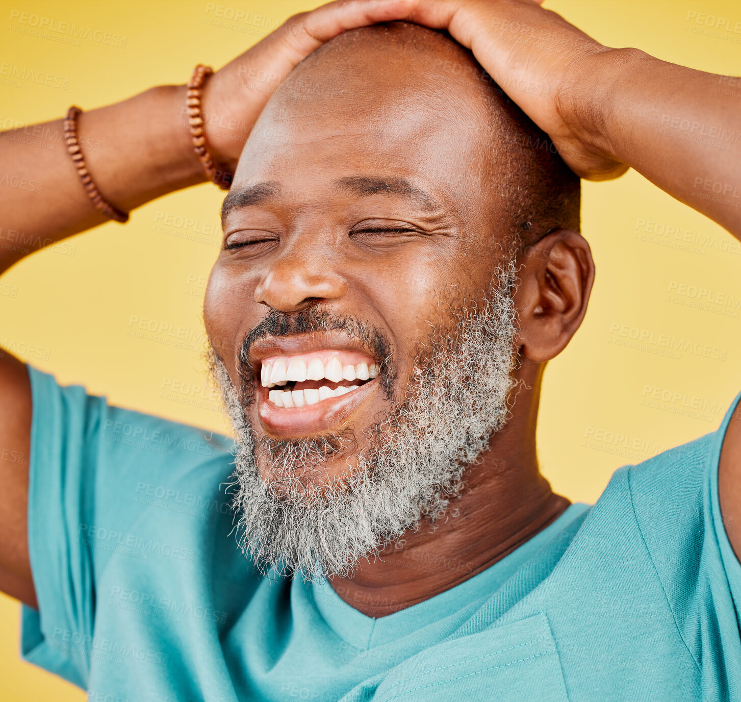 Buy stock photo Black man, studio and happy with hands on head for surprise and achievement on yellow background. Mature person, isolated and excited or happy for announcement, winning and good news with shock