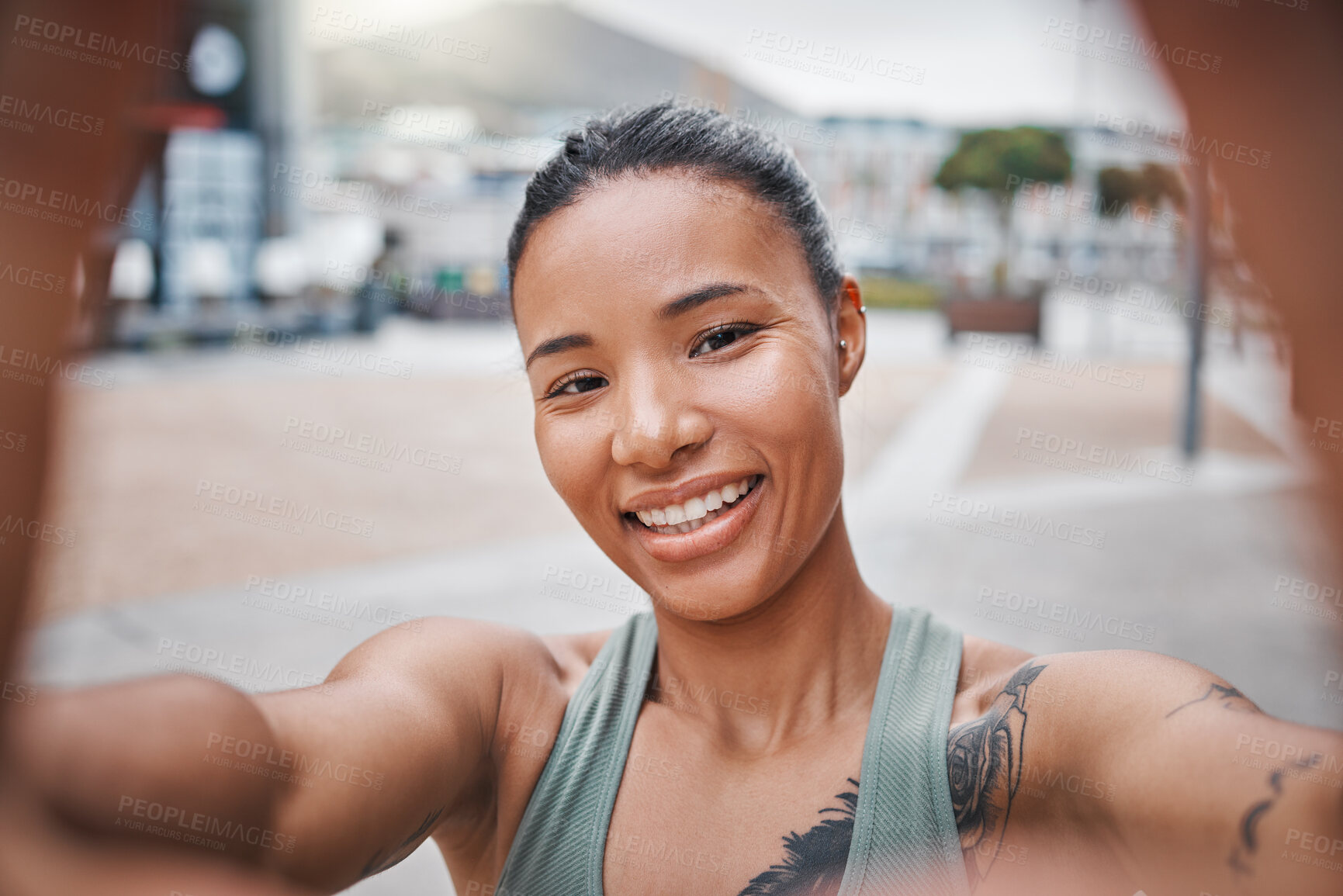 Buy stock photo Runner, portrait and woman in city with selfie for social media post, health or profile picture in town. Tattoo, face or girl athlete outside for training, fitness workout or exercise break in Mexico