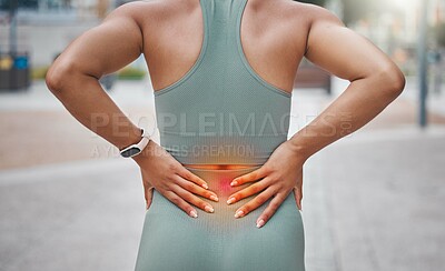 Buy stock photo Back pain, fitness and woman with red glow in city for muscle sprain with running exercise. Sports, injury and female athlete with nerve compression for cardio workout or race training in town.