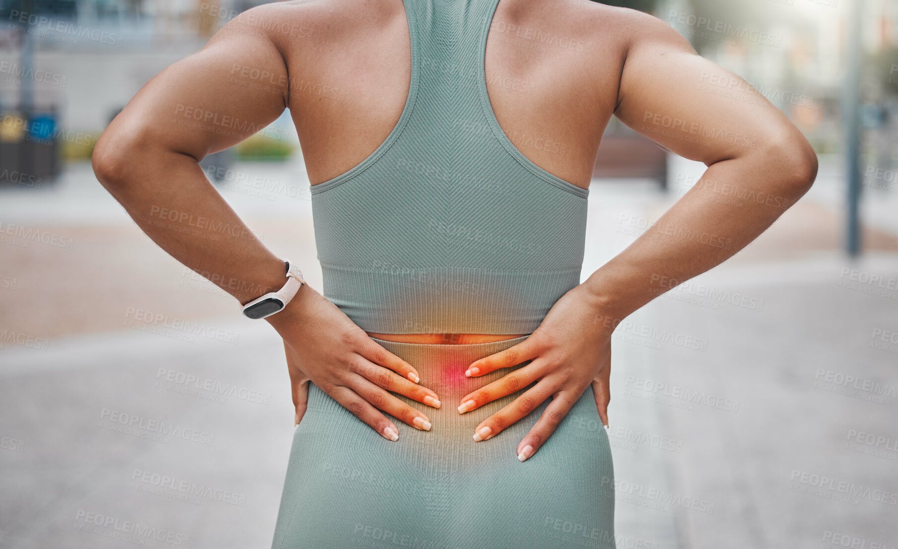 Buy stock photo Back pain, fitness and woman with red glow in city for muscle sprain with running exercise. Sports, injury and female athlete with nerve compression for cardio workout or race training in town.