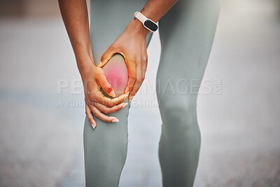 Buy stock photo Knee pain, sports and woman with red glow in city for muscle sprain with running exercise. Fitness, injury and female athlete with nerve compression in leg for cardio workout or race training in town