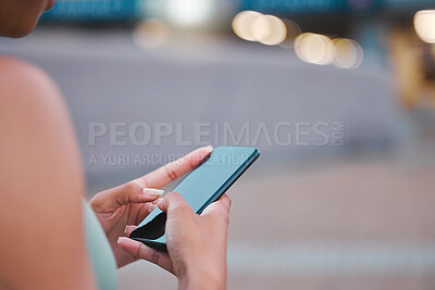 Buy stock photo Hands, phone and woman typing outdoor for social media, text message and scroll app for blog on internet. Mobile, closeup and person online in city for urban communication, notification and email