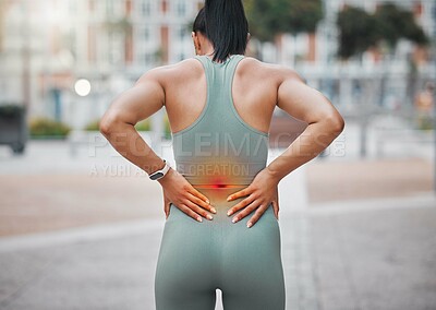 Buy stock photo Back pain, sports and woman with red glow in city for muscle sprain with running exercise. Fitness, injury and female athlete with nerve compression for cardio workout or race training in town.