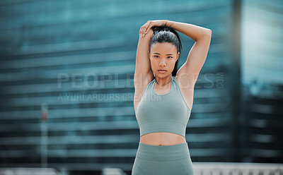 Buy stock photo Portrait, stretching and woman in city, fitness or workout routine with warm up. Face, runner or healthy athlete with wellness, New York or buildings with urban town, exercise or sports with training