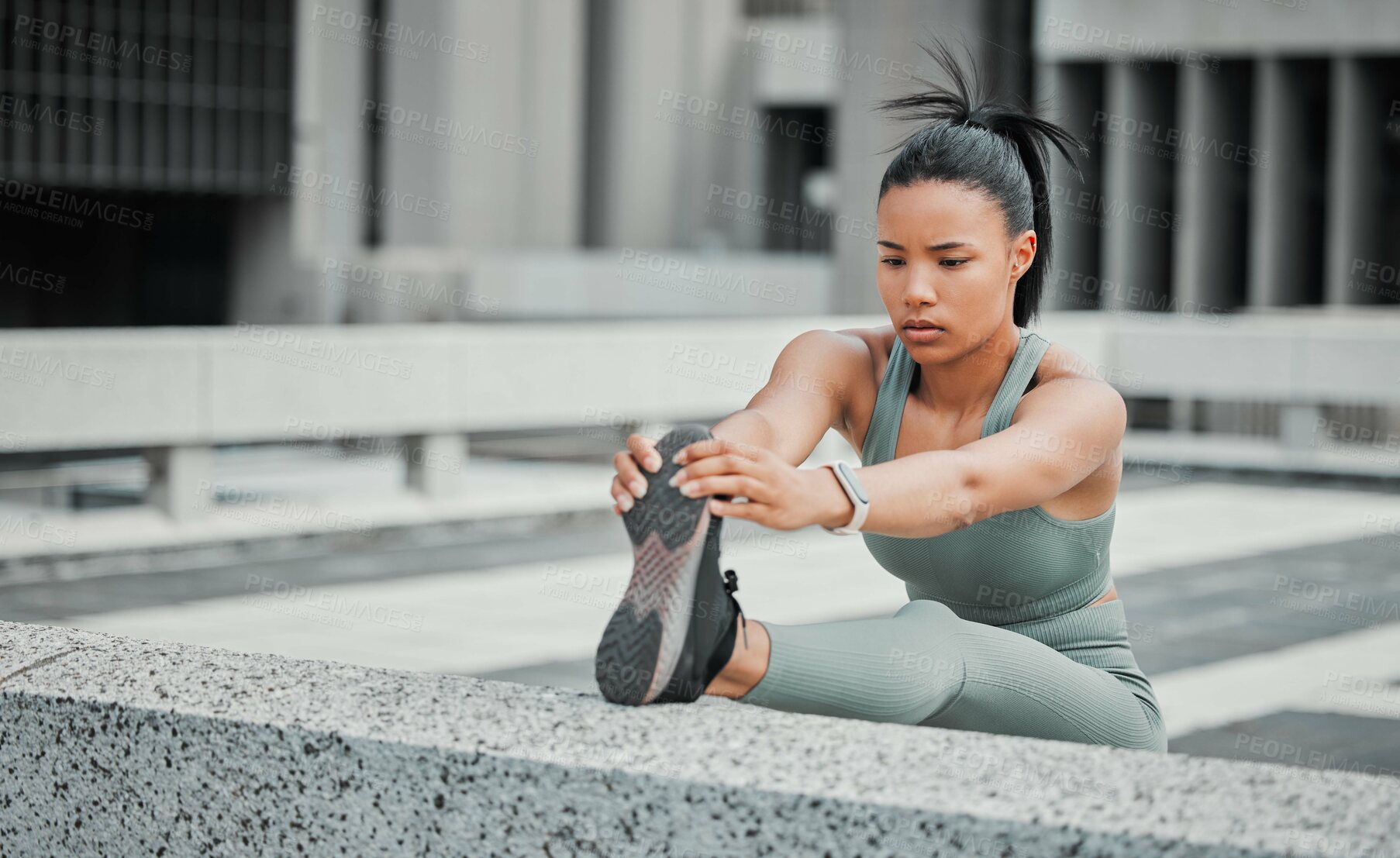 Buy stock photo Fitness, woman and stretching legs in city to prepare for exercise, workout and training. Flexibility, urban runner and warm up outdoor for body health, wellness and ready to start sports practice