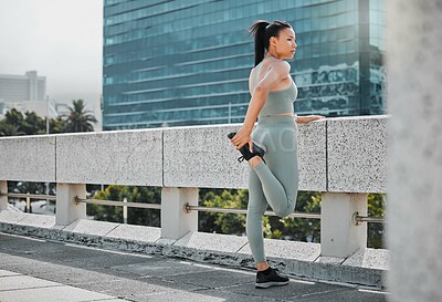 Buy stock photo Bridge, woman or runner stretching in city for fitness, marathon training or exercise health. Legs, thinking or girl athlete in warm up for workout performance, jog or sports challenge idea in France