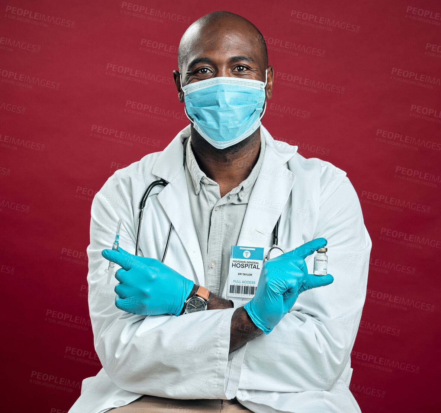 Buy stock photo Covid vaccine, needle and African doctor with face mask, health or wellness for pandemic safety. Black man, medicine and drug for corona, risk control or disease treatment on red background in studio