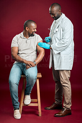 Buy stock photo Vaccine, injection and African doctor with patient, health or wellness for immunization safety. Black man, protection and drug for Covid, risk control or disease treatment on red background in studio