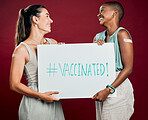 Covid vaccinated African american and mixed race women showing and holding poster. Two people isolated on red studio background with copyspace. Showing plaster on arm and promoting corona vaccine